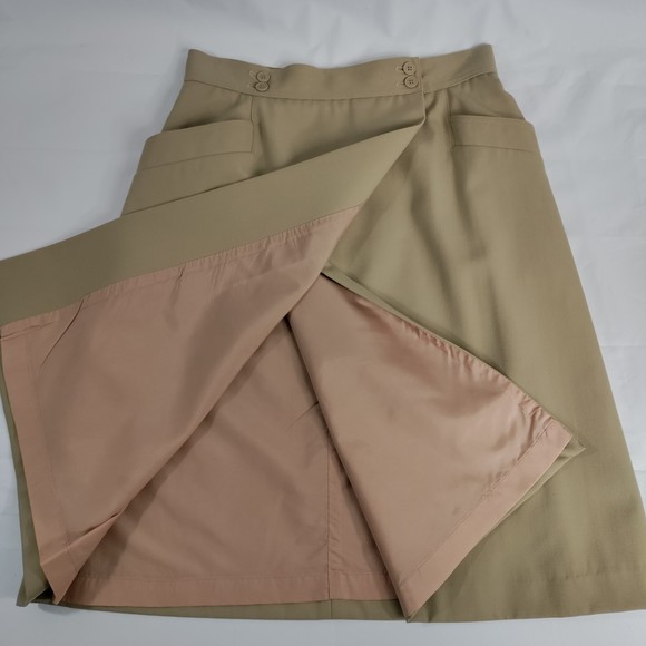 Liz Claiborne Vintage Wool Twill Khaki Button Wrap Skirt EUC Women's Size 12 - Picture 2 of 9